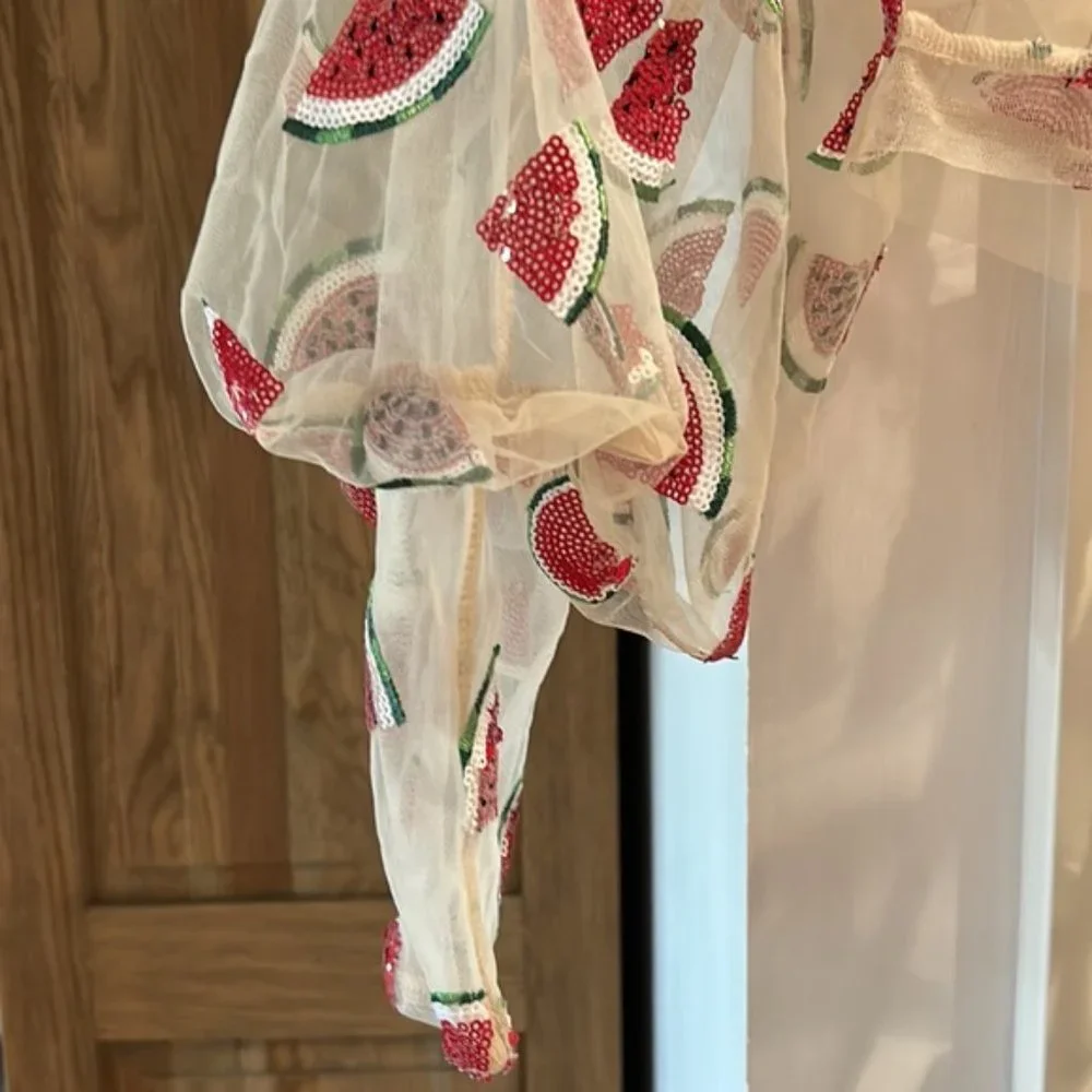 TOPSHOP women’s watermelon print sequins sheer top US 4 - Picture 6 of 9